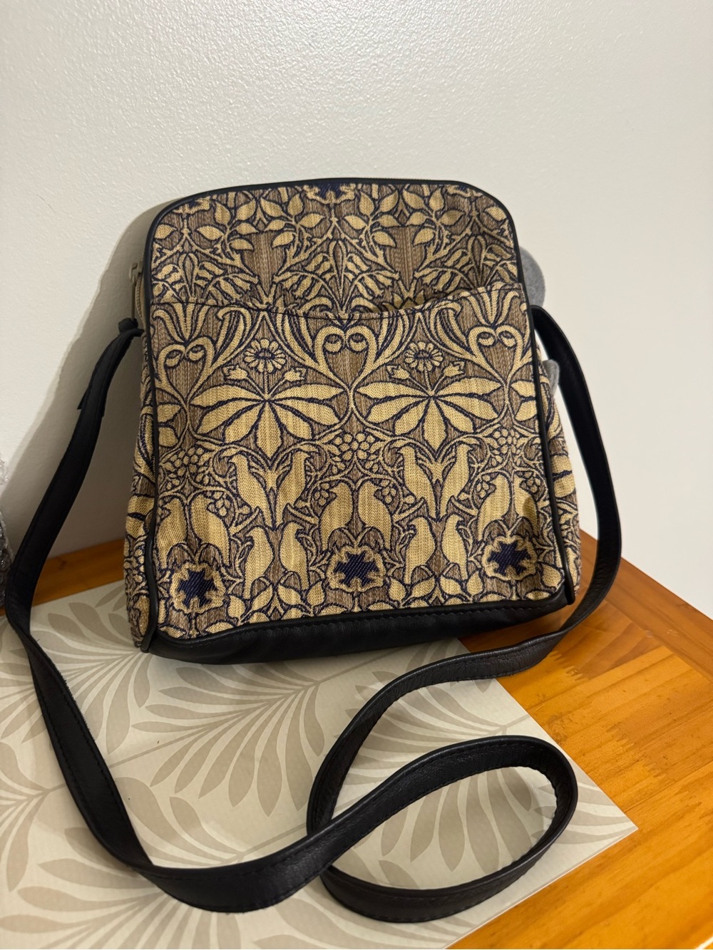 Elizabeth Z Moe Woven Floral Crossbody Bag in Beige and Black